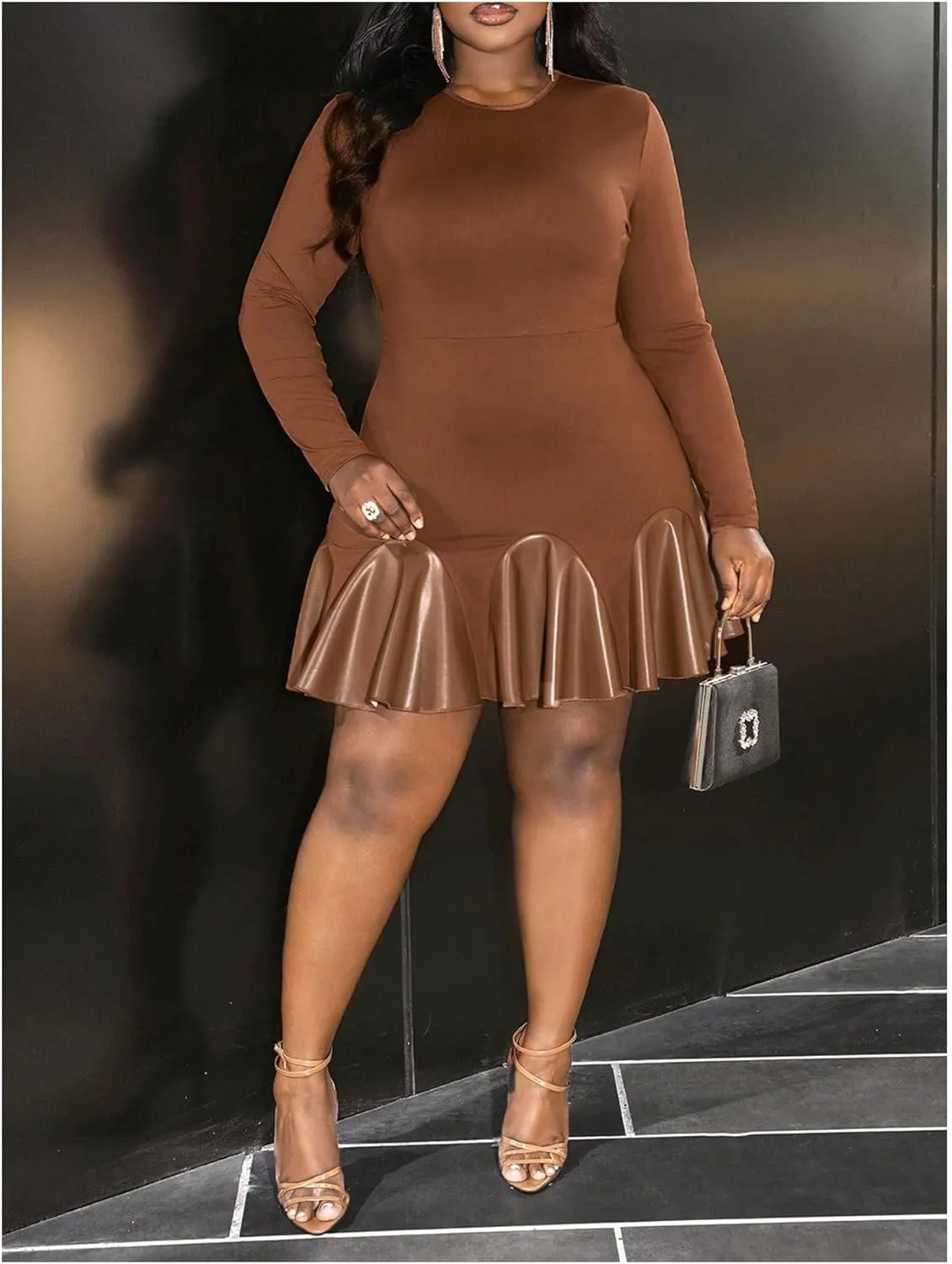 SOLY HUX Women's Plus Size Long Sleeve Ruffle Mini Dress PU Leather Cocktail Party Dresses