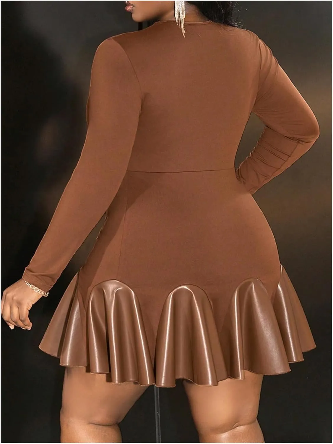 SOLY HUX Women's Plus Size Long Sleeve Ruffle Mini Dress PU Leather Cocktail Party Dresses