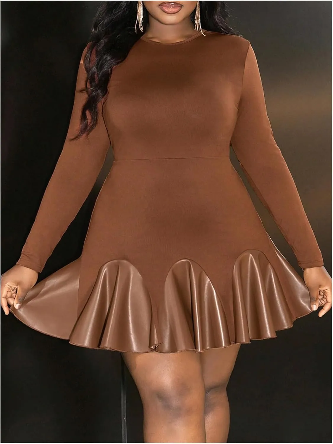 SOLY HUX Women's Plus Size Long Sleeve Ruffle Mini Dress PU Leather Cocktail Party Dresses