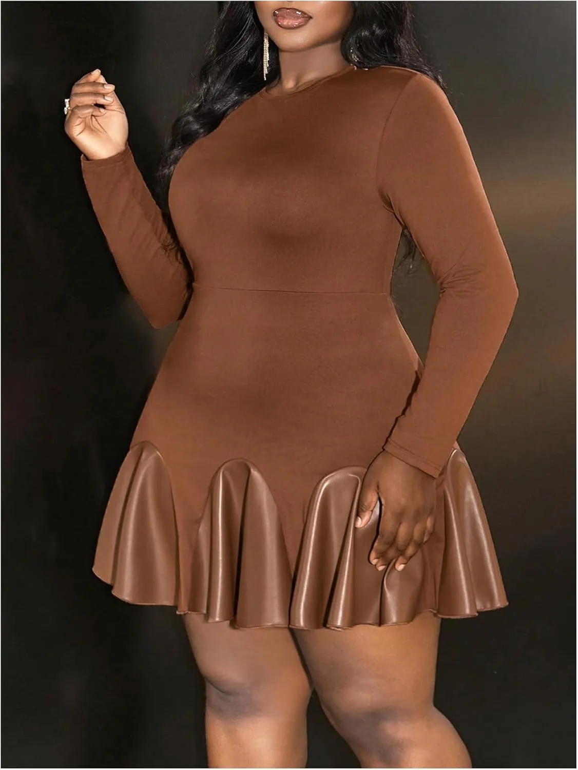 SOLY HUX Women's Plus Size Long Sleeve Ruffle Mini Dress PU Leather Cocktail Party Dresses