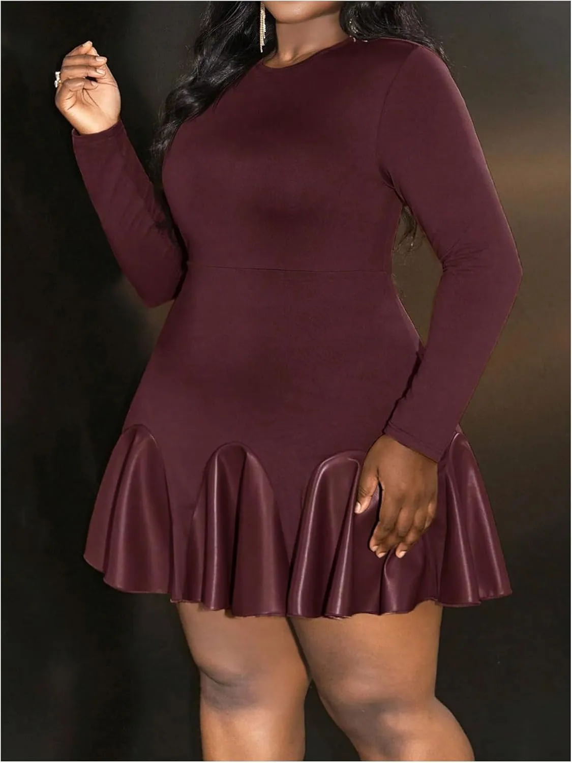 SOLY HUX Women's Plus Size Long Sleeve Ruffle Mini Dress PU Leather Cocktail Party Dresses