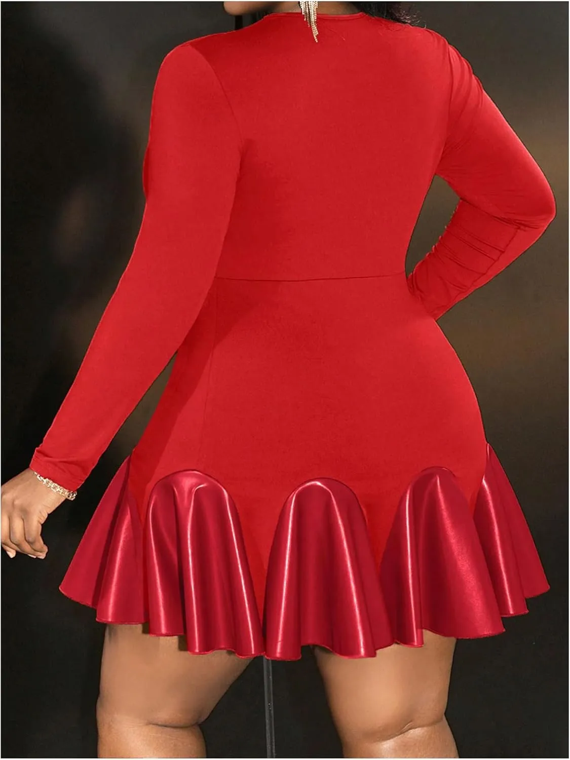 SOLY HUX Women's Plus Size Long Sleeve Ruffle Mini Dress PU Leather Cocktail Party Dresses