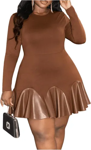 SOLY HUX Women's Plus Size Long Sleeve Ruffle Mini Dress PU Leather Cocktail Party Dresses