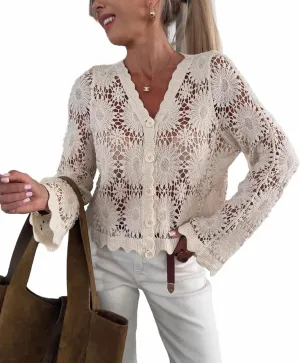 SOMTHRON Women's Boho Hollow Out Crochet Knit Crop Cover Up Long Sleeve Button Down Beach Shirt Tops