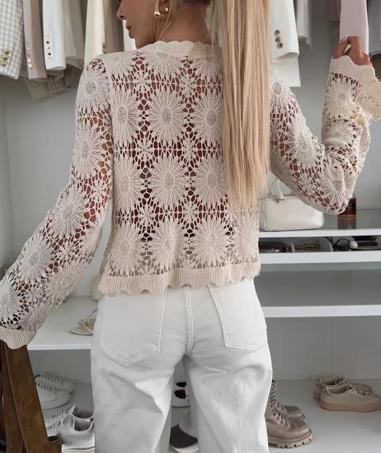 SOMTHRON Women's Boho Hollow Out Crochet Knit Crop Cover Up Long Sleeve Button Down Beach Shirt Tops