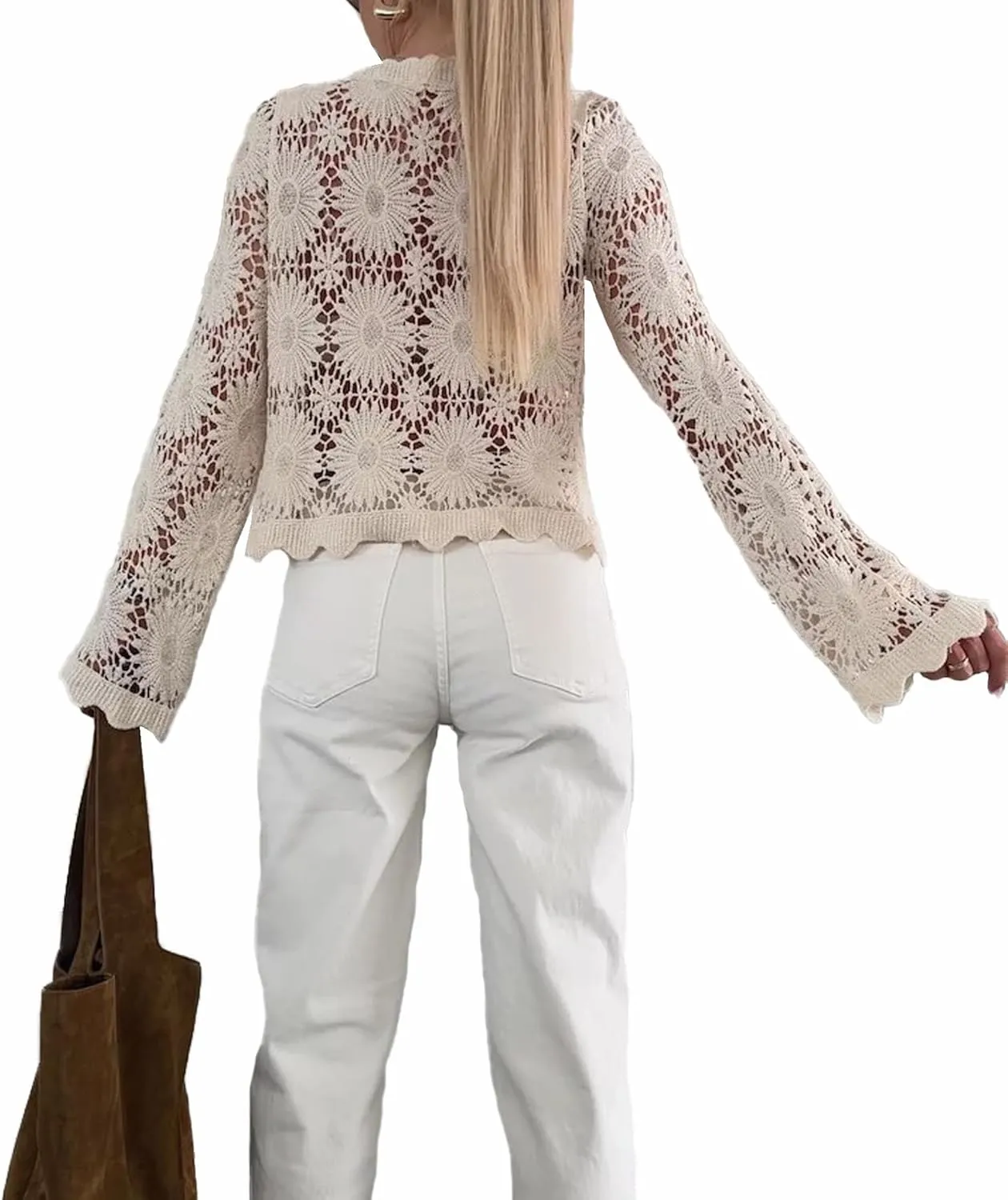 SOMTHRON Women's Boho Hollow Out Crochet Knit Crop Cover Up Long Sleeve Button Down Beach Shirt Tops