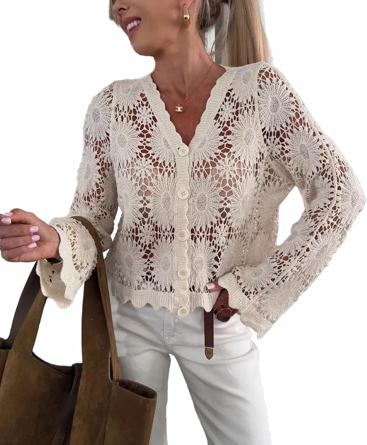 SOMTHRON Women's Boho Hollow Out Crochet Knit Crop Cover Up Long Sleeve Button Down Beach Shirt Tops