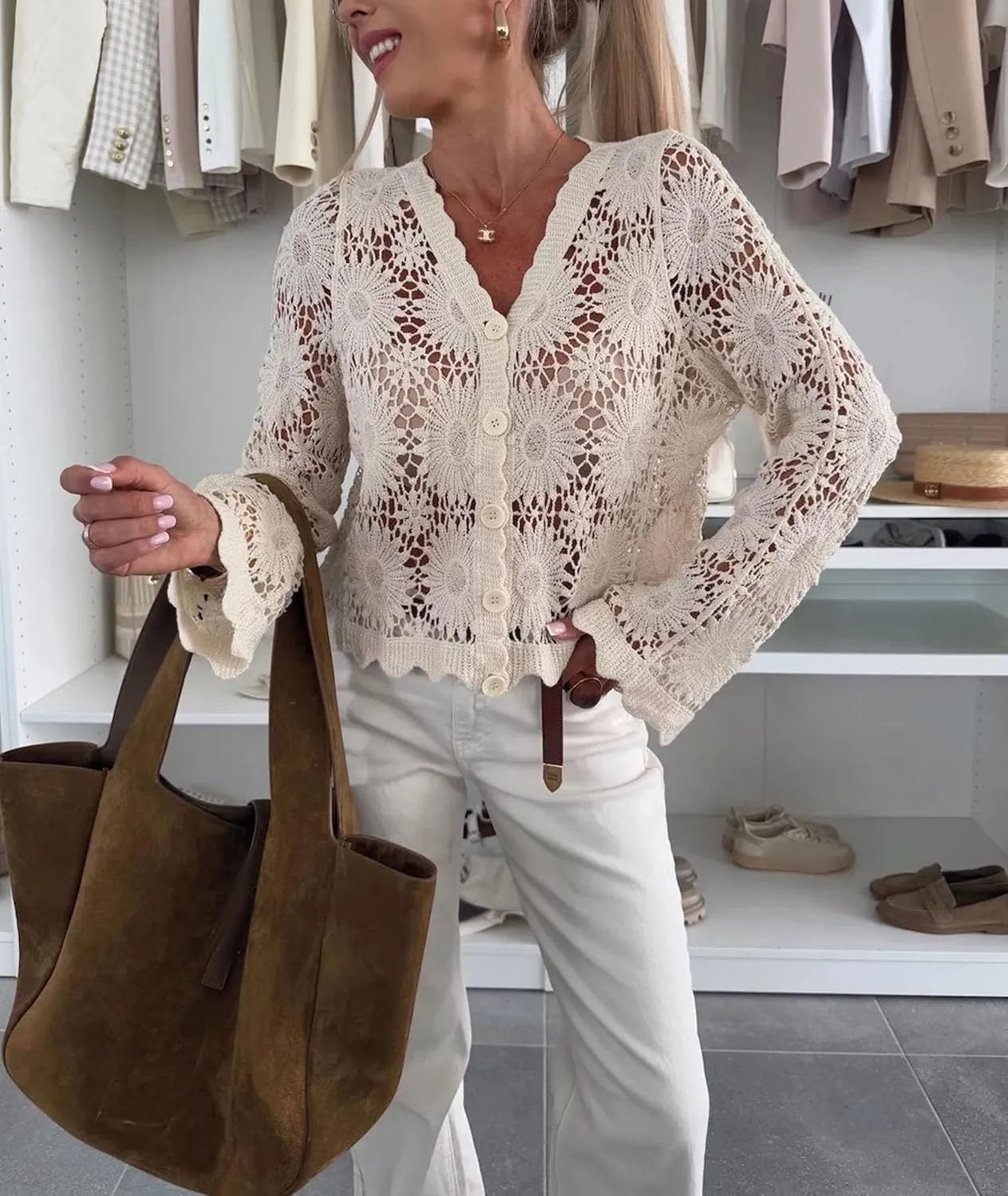 SOMTHRON Women's Boho Hollow Out Crochet Knit Crop Cover Up Long Sleeve Button Down Beach Shirt Tops