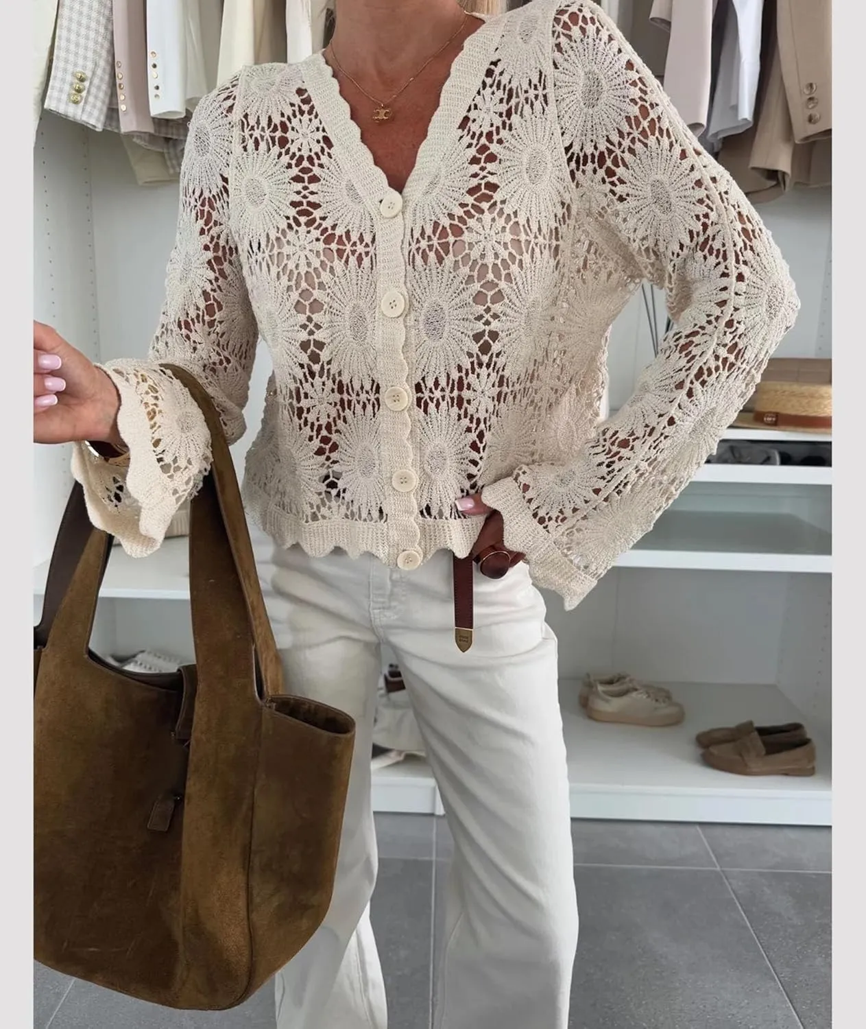 SOMTHRON Women's Boho Hollow Out Crochet Knit Crop Cover Up Long Sleeve Button Down Beach Shirt Tops