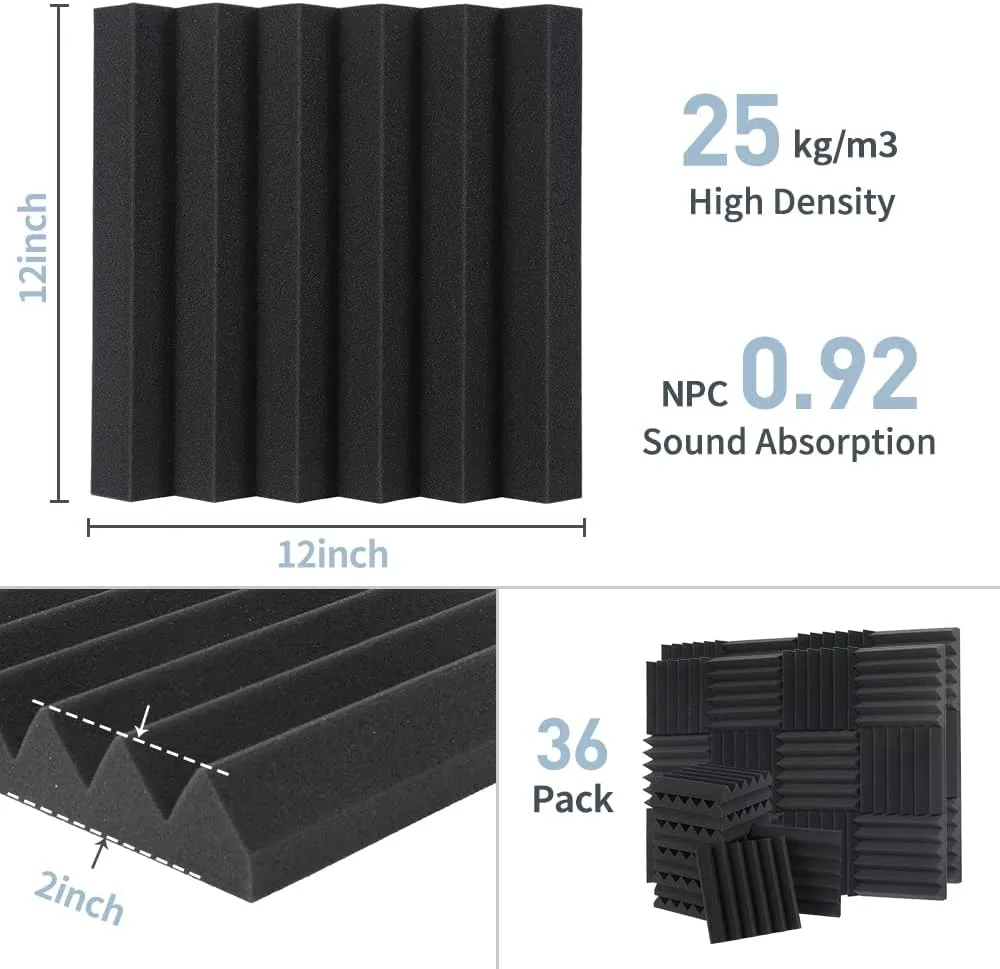 Sound Proof Foam Panels - 12 x 12 x 2 Inches 36 Pack Wedges Acoustic Foam Panels Sound Proofing Padding for Walls and Ceiling High Density Foam Studio Foam (Black)