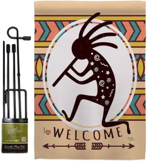 Southwest Welcome Kokopelli Dance Garden Flag Set with Stand Regional Desert Cactus Country Succulent Particular Area Small Decorative Gift Yard House Banner Made in USA 13 X 18.5