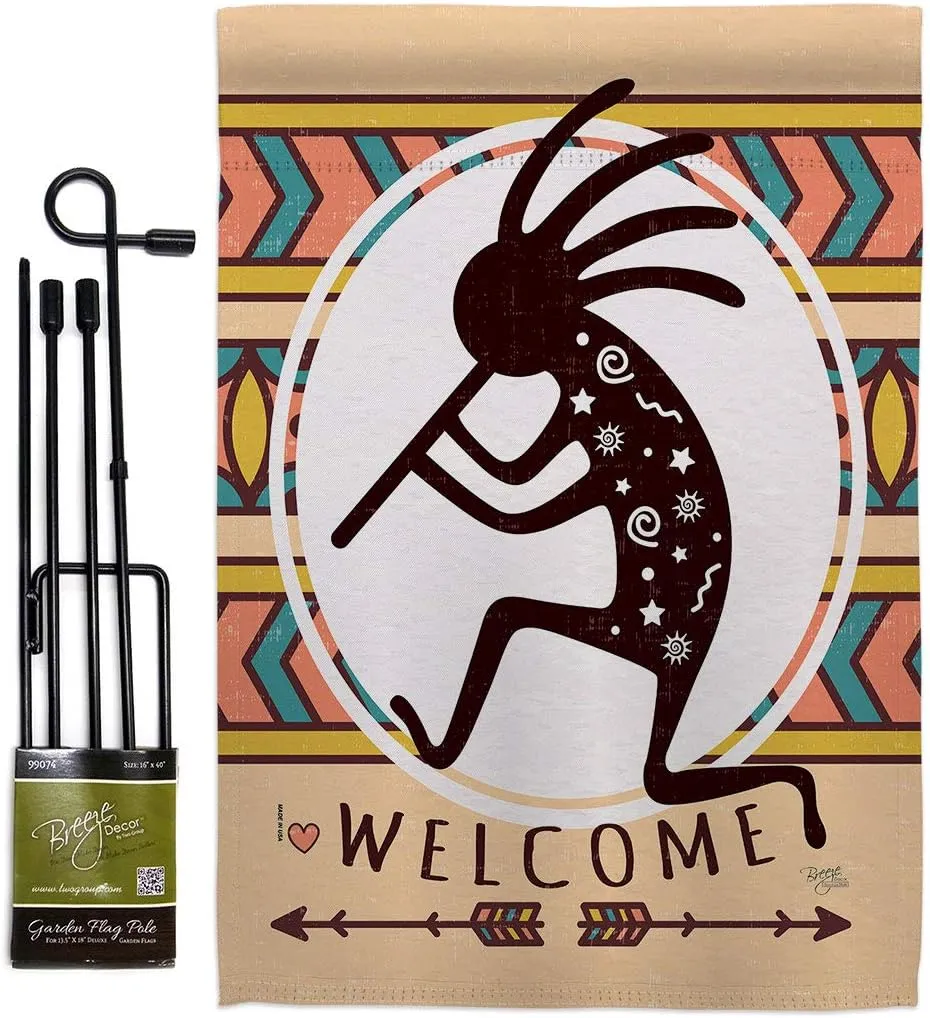 Southwest Welcome Kokopelli Dance Garden Flag Set with Stand Regional Desert Cactus Country Succulent Particular Area Small Decorative Gift Yard House Banner Made in USA 13 X 18.5