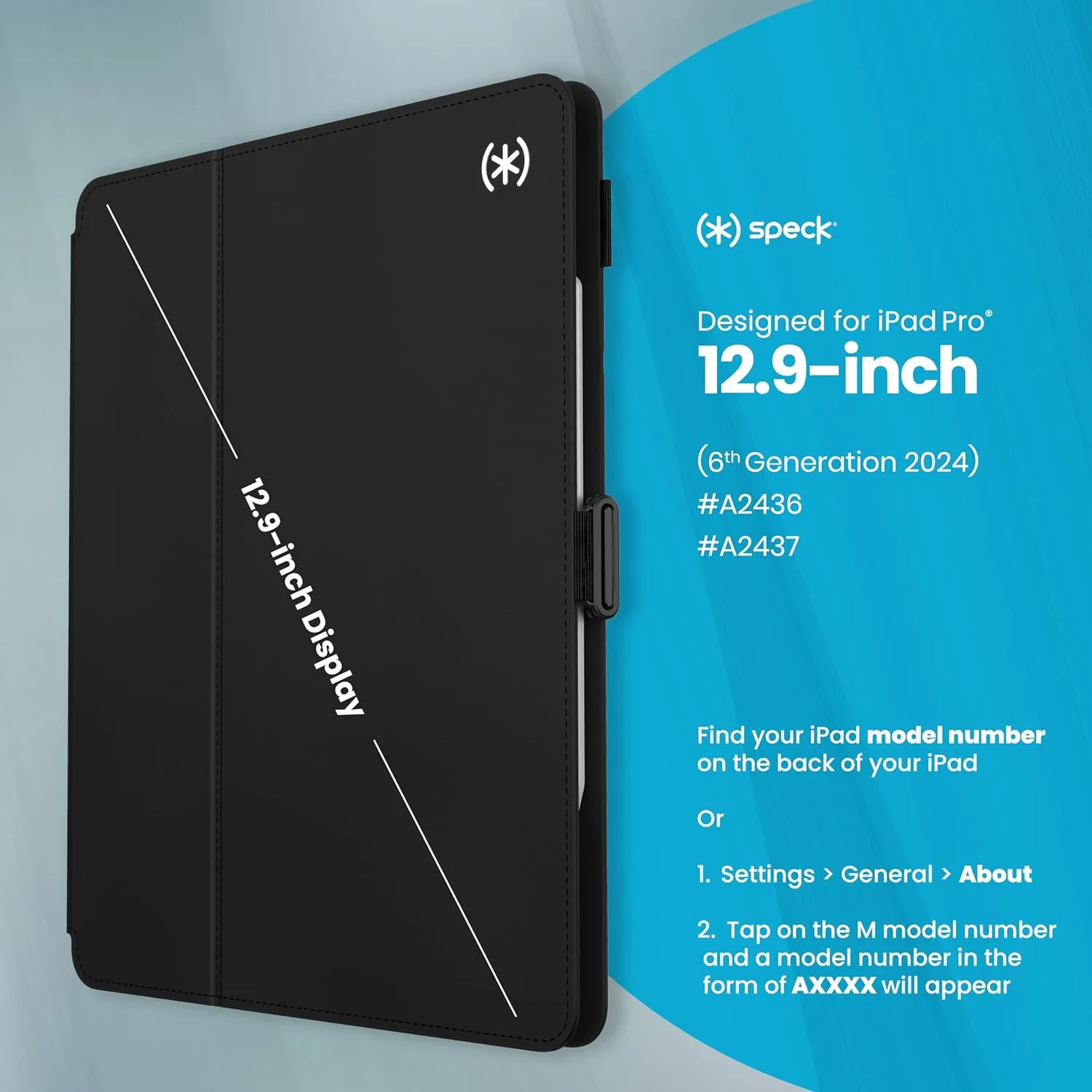 Speck New iPad Pro 12.9-13 Inch Case (2024 Model, 7th Generation) with Pencil Holder, Drop & Camera Protection, Slim Multi Range Stand, Balance Folio, No Auto/Sleep Wake Function - Black/Black/White