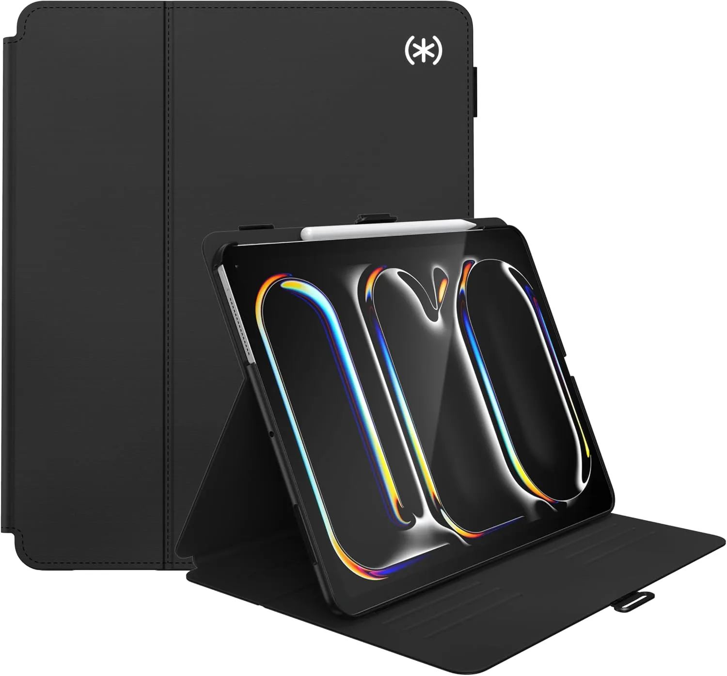Speck New iPad Pro 12.9-13 Inch Case (2024 Model, 7th Generation) with Pencil Holder, Drop & Camera Protection, Slim Multi Range Stand, Balance Folio, No Auto/Sleep Wake Function - Black/Black/White