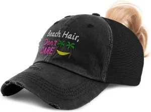 Speedy Pros Womens Ponytail Cap Beach Hair Don't Care Cotton Distressed Trucker Hats