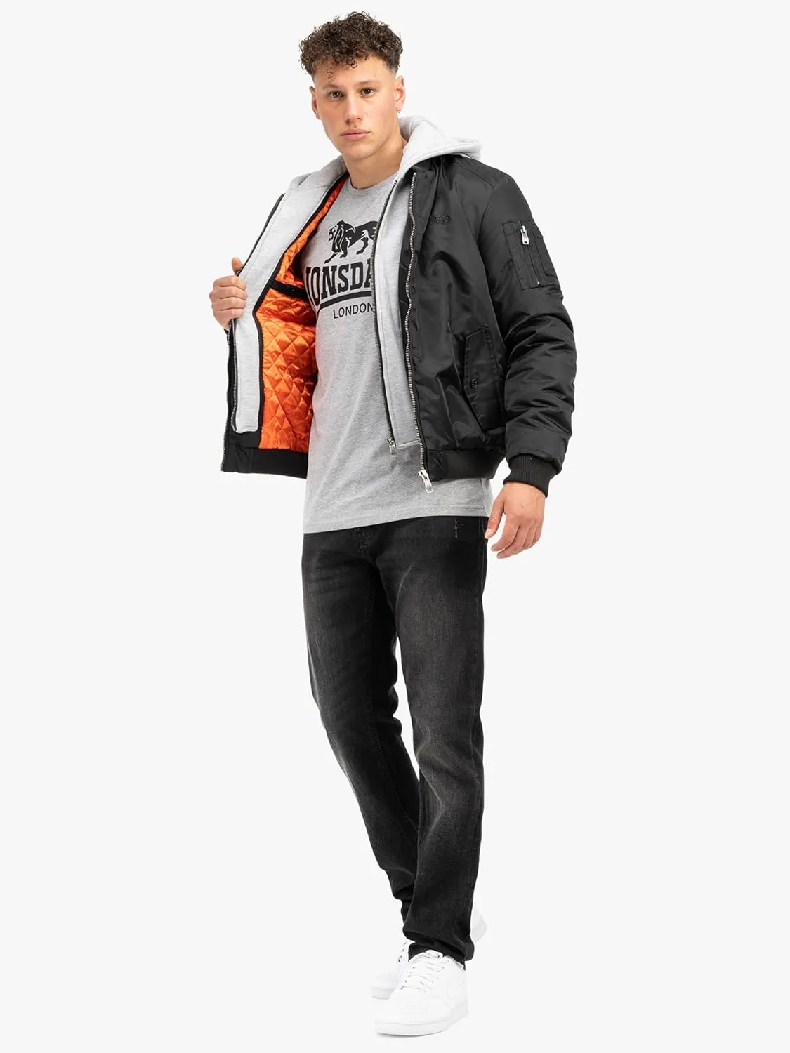 Spirit of England Lonsdale Men´s Flight Bomber MA1 Jacket Black Unique Detachable Hood Lined Embroidered Logo Slim-Fit