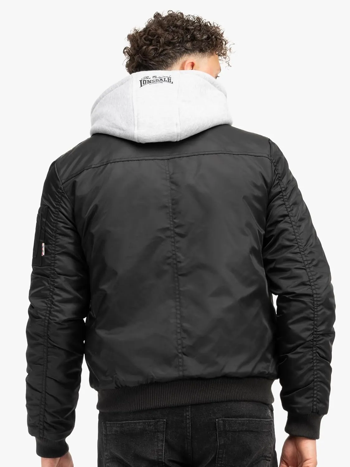 Spirit of England Lonsdale Men´s Flight Bomber MA1 Jacket Black Unique Detachable Hood Lined Embroidered Logo Slim-Fit