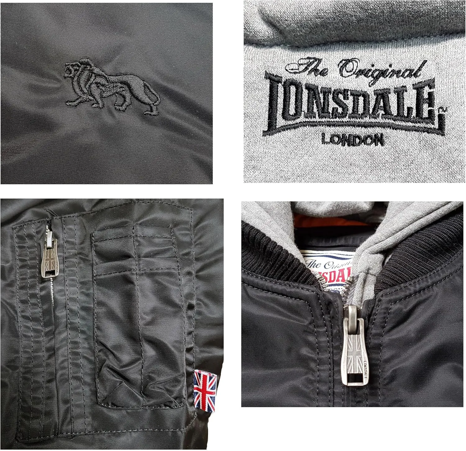 Spirit of England Lonsdale Men´s Flight Bomber MA1 Jacket Black Unique Detachable Hood Lined Embroidered Logo Slim-Fit