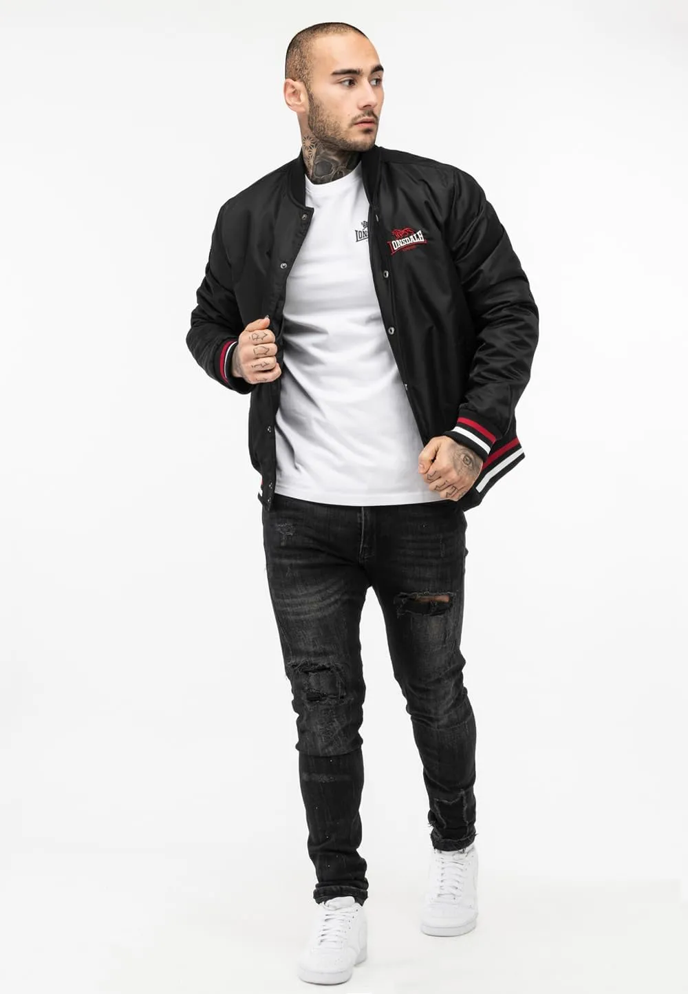 Spirit of England Lonsdale Men´s Unique College Baseball Bomber Jacket Black Lining Embroidered Logo Regular-Fit