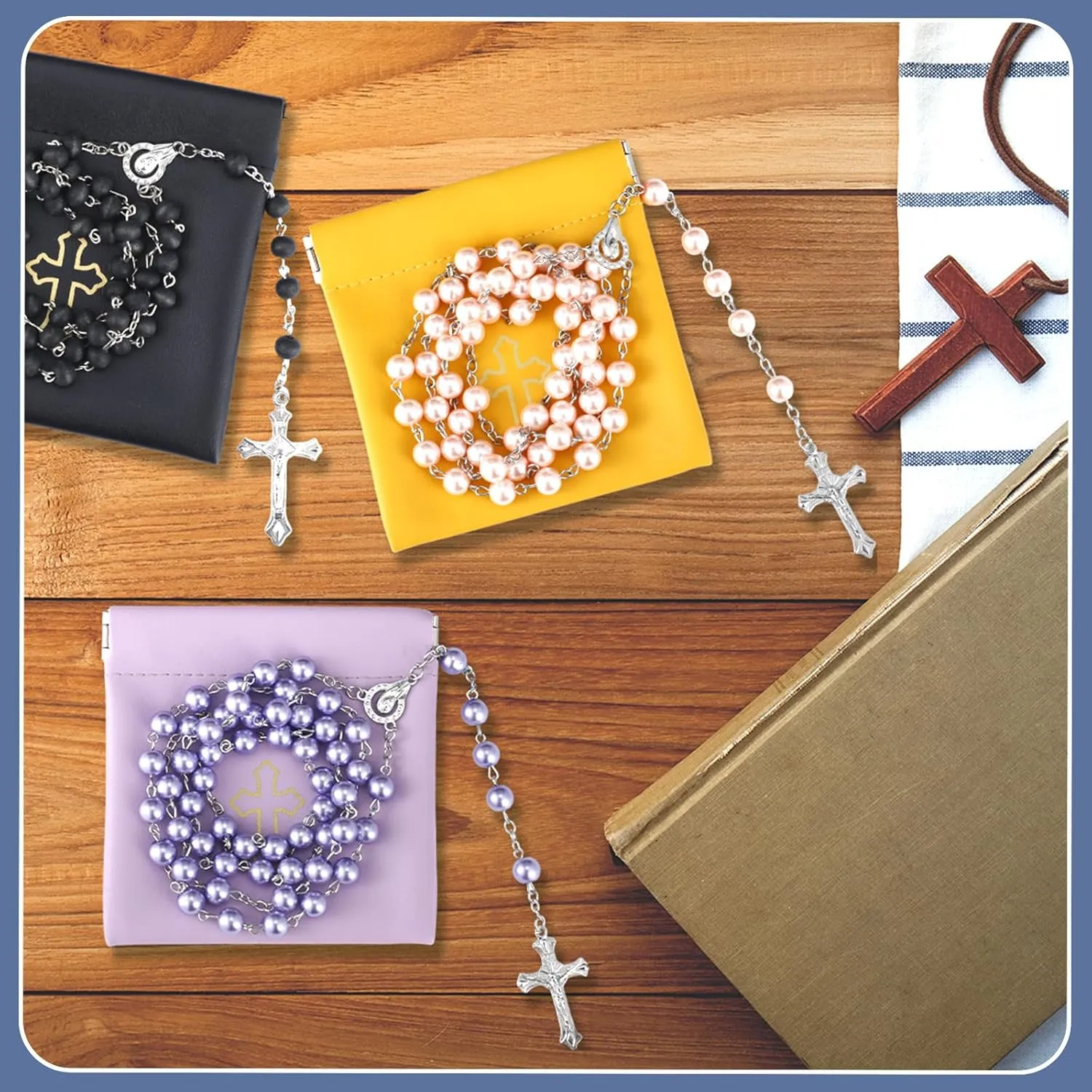 Squeeze Rosary Pouch with Gold Cross Imprint Design Beautiful PU Leather Rosary Case