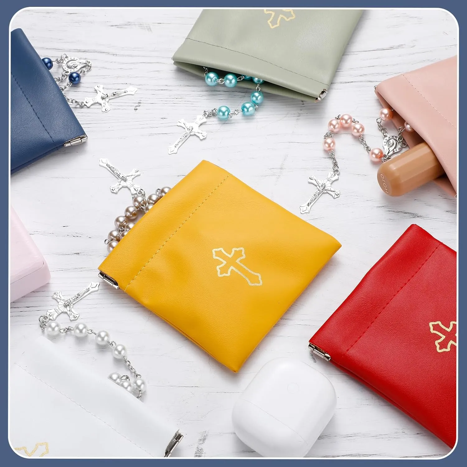 Squeeze Rosary Pouch with Gold Cross Imprint Design Beautiful PU Leather Rosary Case