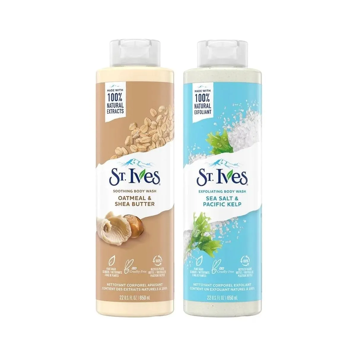 St Ives Body Wash, Shooting Body Wash, Oatmeal & Shea Butter, Sea Salt & Pacific Seaweed, Exfoliating, Natural Extracts, 650 ml each, 2 Pieces