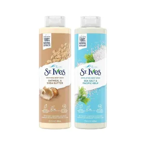 St Ives Body Wash, Shooting Body Wash, Oatmeal & Shea Butter, Sea Salt & Pacific Seaweed, Exfoliating, Natural Extracts, 650 ml each, 2 Pieces