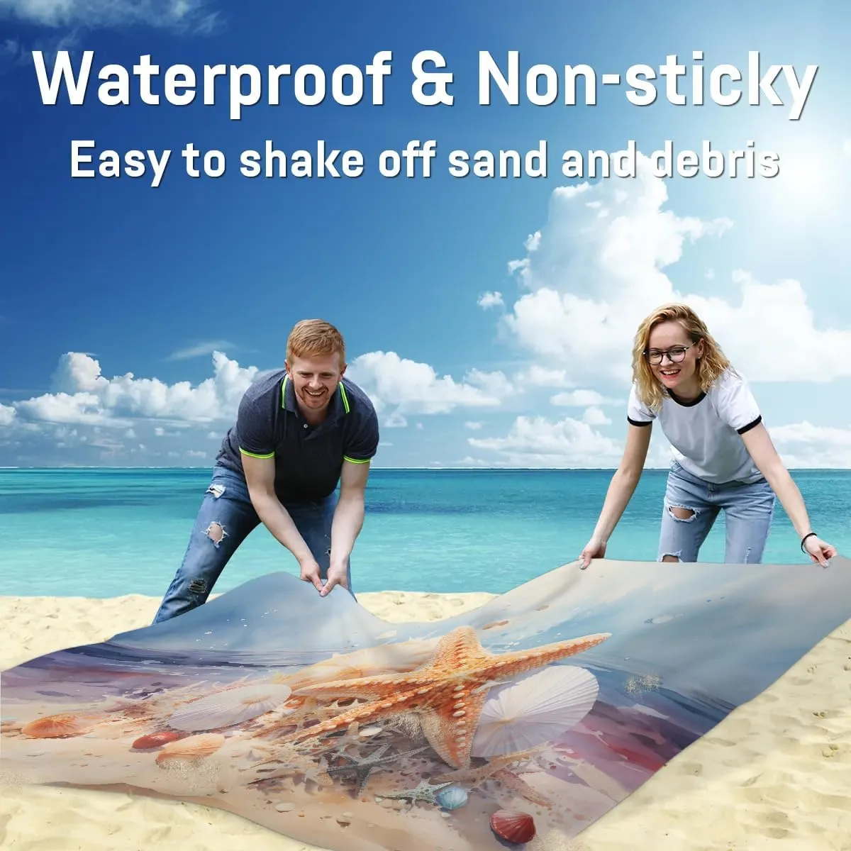 Starfish Beach Blanket, Sandproof Beach Mat, 68 x 59 Waterproof Quick Drying Sand Free Mat with 4 x Ground Spikes for Outdoor Travel Camping Hiking, Beach Seashell