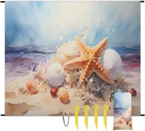 Starfish Beach Blanket, Sandproof Beach Mat, 68 x 59 Waterproof Quick Drying Sand Free Mat with 4 x Ground Spikes for Outdoor Travel Camping Hiking, Beach Seashell
