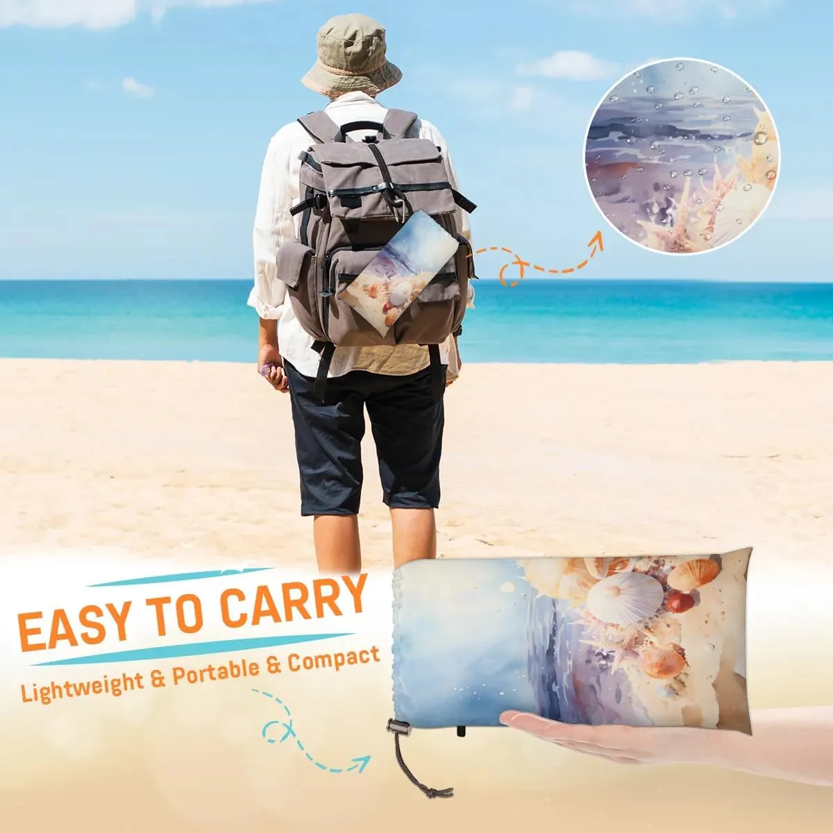 Starfish Beach Blanket, Sandproof Beach Mat, 68 x 59 Waterproof Quick Drying Sand Free Mat with 4 x Ground Spikes for Outdoor Travel Camping Hiking, Beach Seashell