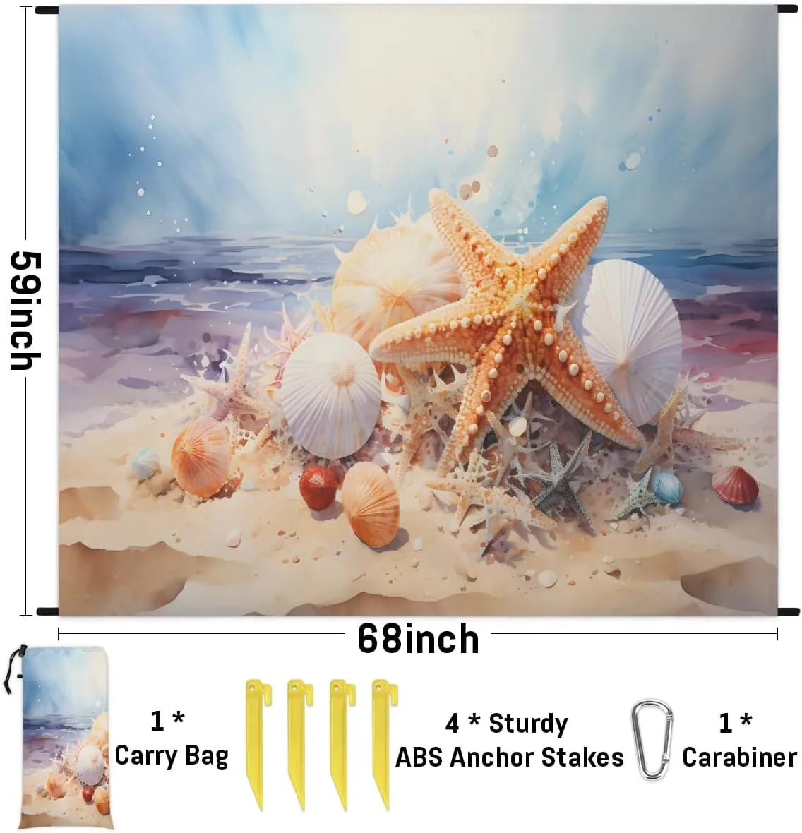 Starfish Beach Blanket, Sandproof Beach Mat, 68 x 59 Waterproof Quick Drying Sand Free Mat with 4 x Ground Spikes for Outdoor Travel Camping Hiking, Beach Seashell