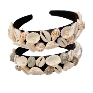 Starfish Headband Pearl Bridal Hair Band Sea Shell Oyster Star Headband Star Glitter Starfish Sequin Hair Hoop Hair Piece Beach Wedding Hair Accessories for Women and Girls (Conch Oyster Pearl-2pcs Black)