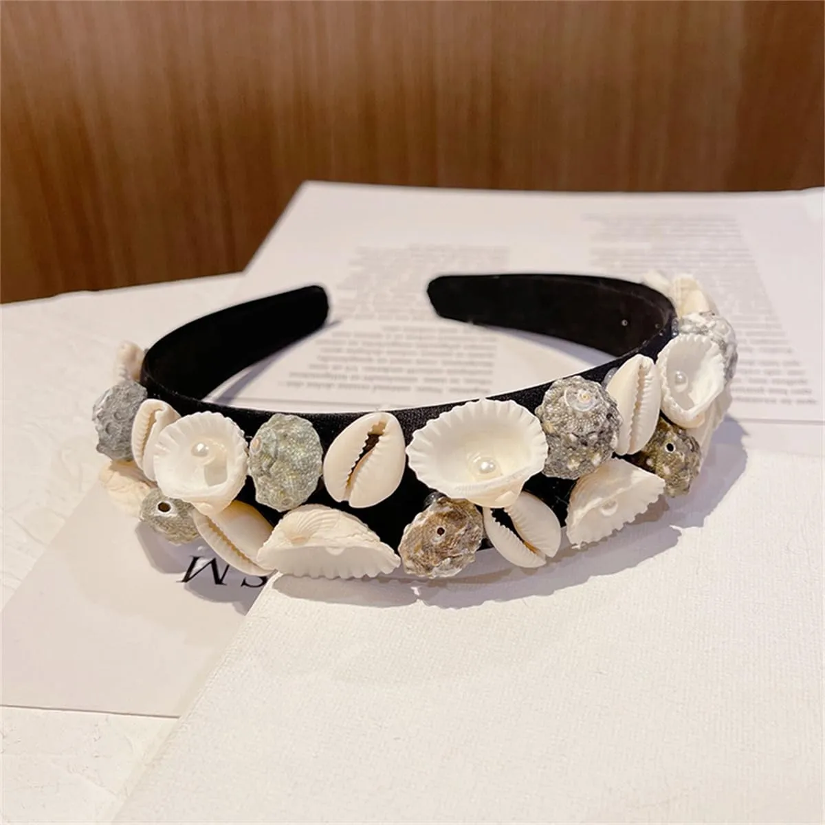 Starfish Headband Pearl Bridal Hair Band Sea Shell Oyster Star Headband Star Glitter Starfish Sequin Hair Hoop Hair Piece Beach Wedding Hair Accessories for Women and Girls (Conch Oyster Pearl-2pcs Black)