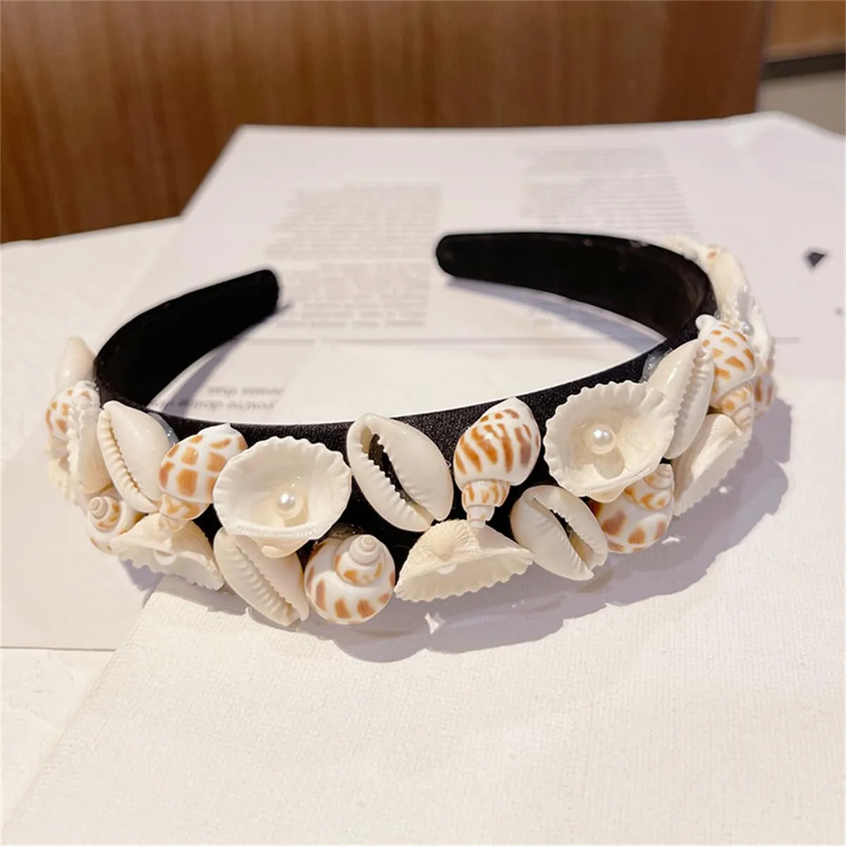 Starfish Headband Pearl Bridal Hair Band Sea Shell Oyster Star Headband Star Glitter Starfish Sequin Hair Hoop Hair Piece Beach Wedding Hair Accessories for Women and Girls (Conch Oyster Pearl-2pcs Black)