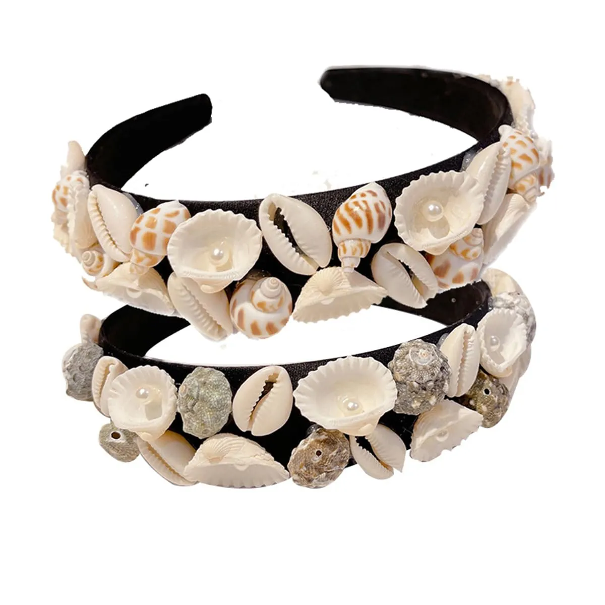 Starfish Headband Pearl Bridal Hair Band Sea Shell Oyster Star Headband Star Glitter Starfish Sequin Hair Hoop Hair Piece Beach Wedding Hair Accessories for Women and Girls (Conch Oyster Pearl-2pcs Black)