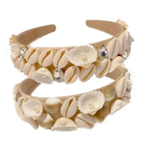 Starfish Headband Pearl Bridal Hair Band Sea Shell Oyster Star Headband Star Glitter Starfish Sequin Hair Hoop Hair Piece Beach Wedding Hair Accessories for Women and Girls (Rhinestone Shell Pearl-2pcs Beige)