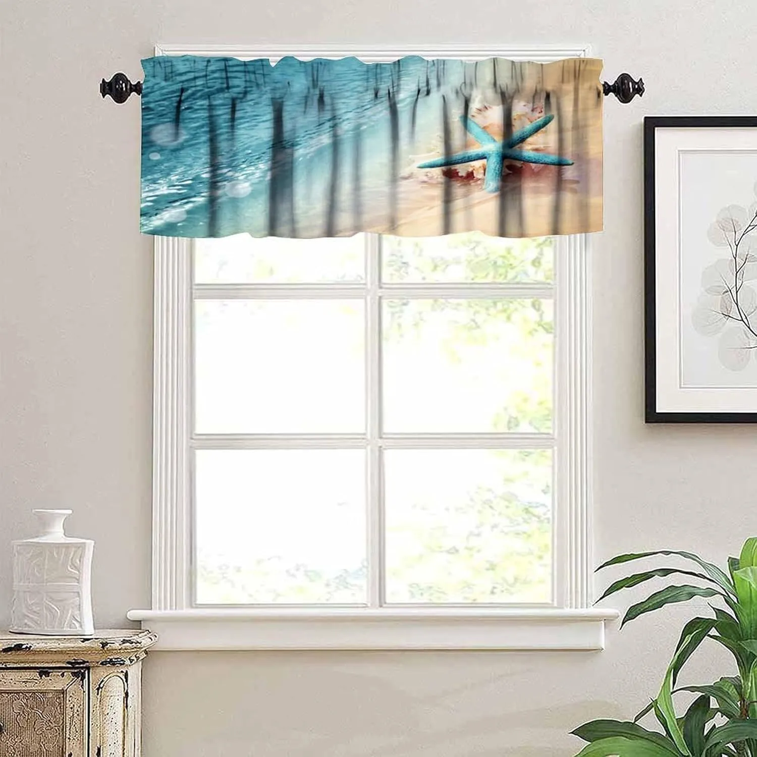 Starfish Kitchen Valance Curtain,Ocean Coastal Leisure Sunny Beach Blue Starfish Seashells Rod Pocket Window Valances Blackout Treatment Drapes for Bedroom Living Room Bathroom 54x 18 in