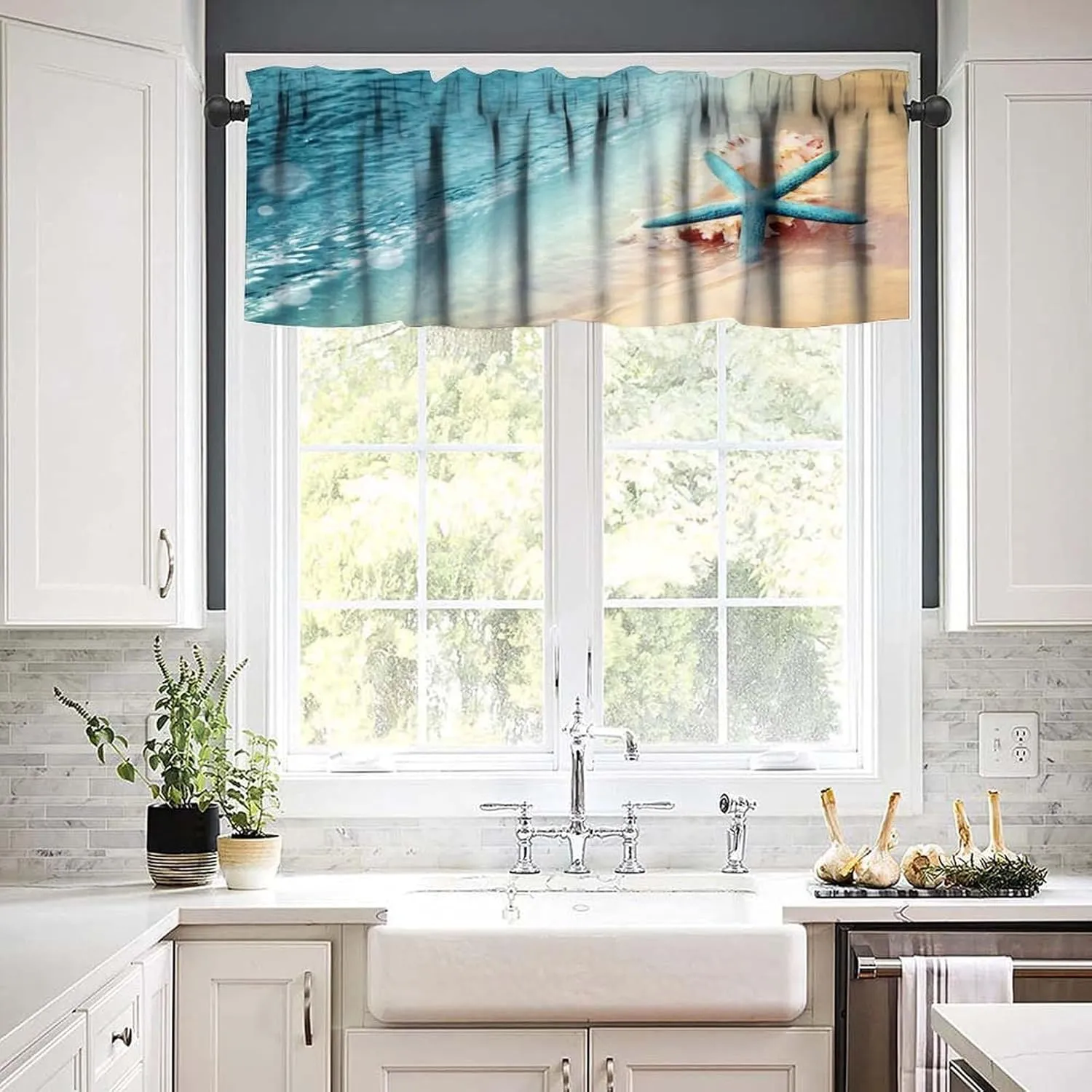 Starfish Kitchen Valance Curtain,Ocean Coastal Leisure Sunny Beach Blue Starfish Seashells Rod Pocket Window Valances Blackout Treatment Drapes for Bedroom Living Room Bathroom 54x 18 in