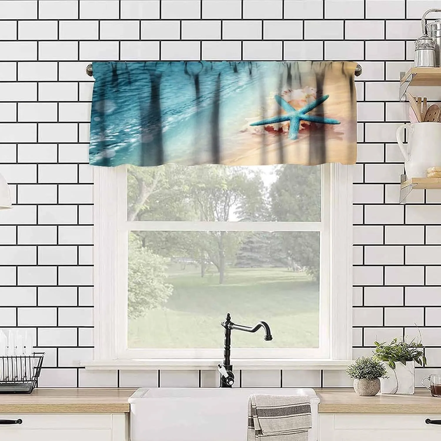Starfish Kitchen Valance Curtain,Ocean Coastal Leisure Sunny Beach Blue Starfish Seashells Rod Pocket Window Valances Blackout Treatment Drapes for Bedroom Living Room Bathroom 54x 18 in
