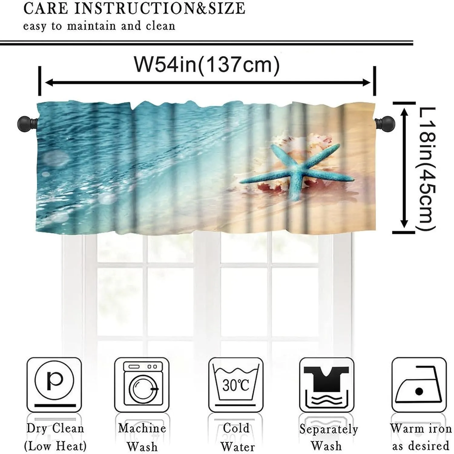 Starfish Kitchen Valance Curtain,Ocean Coastal Leisure Sunny Beach Blue Starfish Seashells Rod Pocket Window Valances Blackout Treatment Drapes for Bedroom Living Room Bathroom 54x 18 in