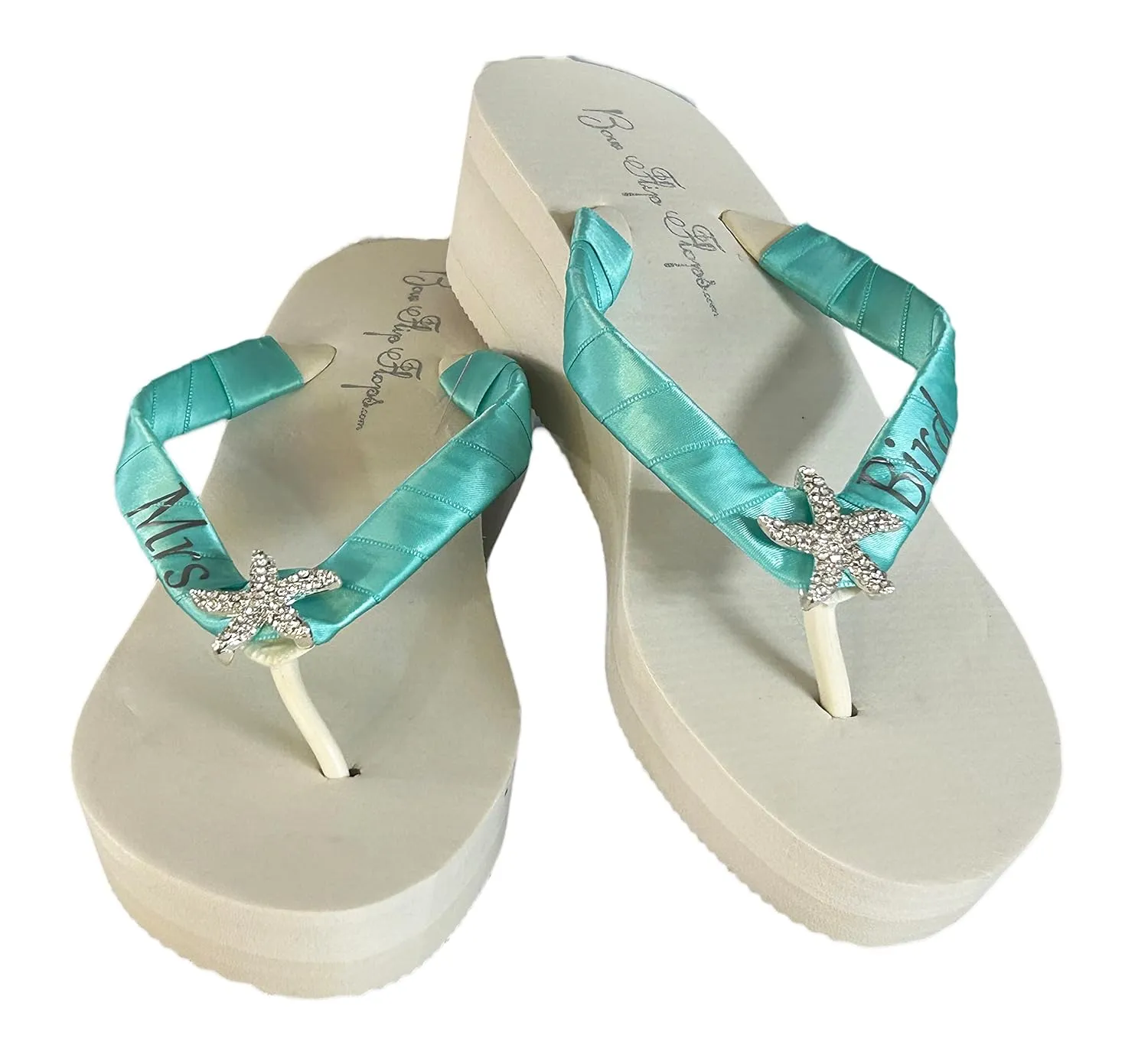 Starfish Rhinestone Bridal Flip Flops, Tropic Teal Beach Wedding Satin Sandals with Personlized Mrs Last Name