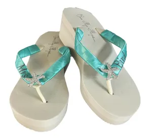 Starfish Rhinestone Bridal Flip Flops, Tropic Teal Beach Wedding Satin Sandals with Personlized Mrs Last Name
