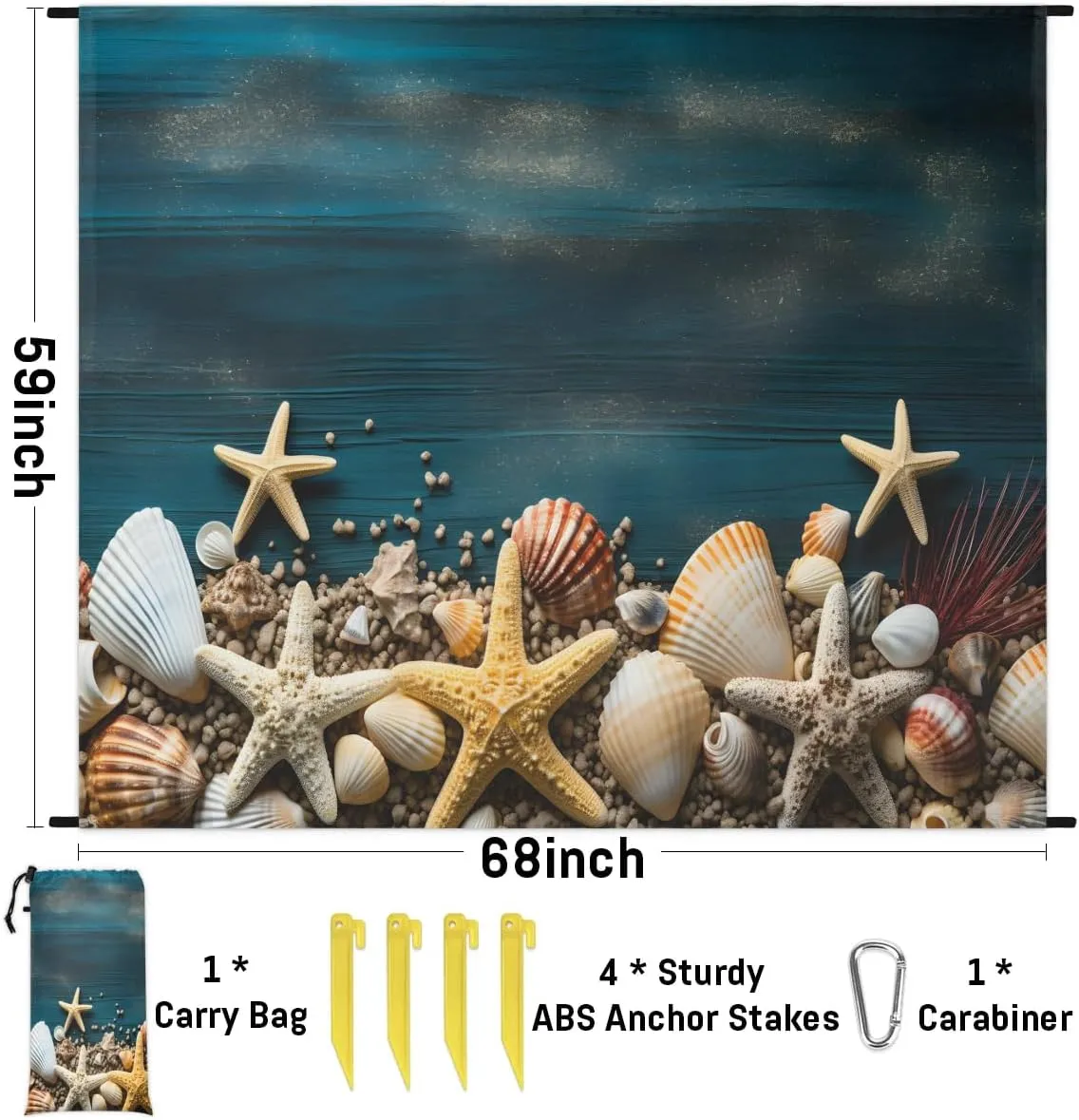 Starfish Seashell Beach Blanket, Sandproof Beach Mat, 68 x 59 Waterproof Quick Drying Sand Free Mat with 4 x Ground Spikes for Outdoor Travel Camping Hiking, Starfish Shell