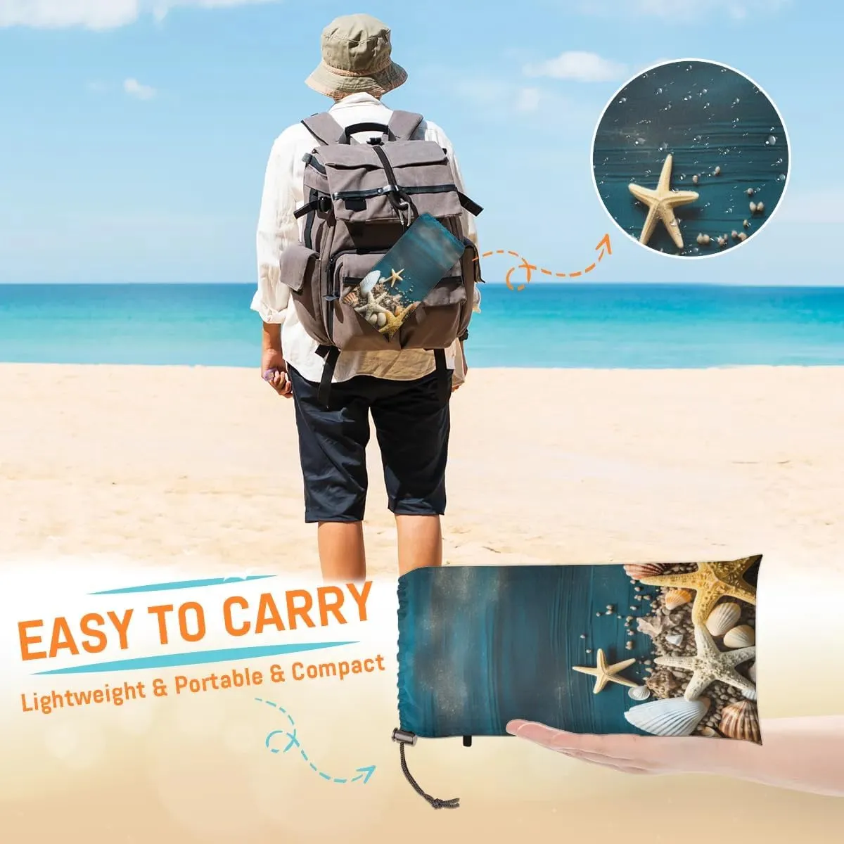 Starfish Seashell Beach Blanket, Sandproof Beach Mat, 68 x 59 Waterproof Quick Drying Sand Free Mat with 4 x Ground Spikes for Outdoor Travel Camping Hiking, Starfish Shell
