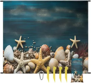 Starfish Seashell Beach Blanket, Sandproof Beach Mat, 68 x 59 Waterproof Quick Drying Sand Free Mat with 4 x Ground Spikes for Outdoor Travel Camping Hiking, Starfish Shell