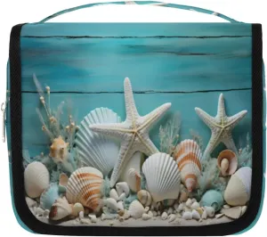 Starfish Seashell Beach Hanging Travel Toiletry Bag Kit Makeup Case Cosmetics Organizer Blue Wooden Toiletry Bag for Women Make up Accessories Shampoo Body Cream Brushes Set