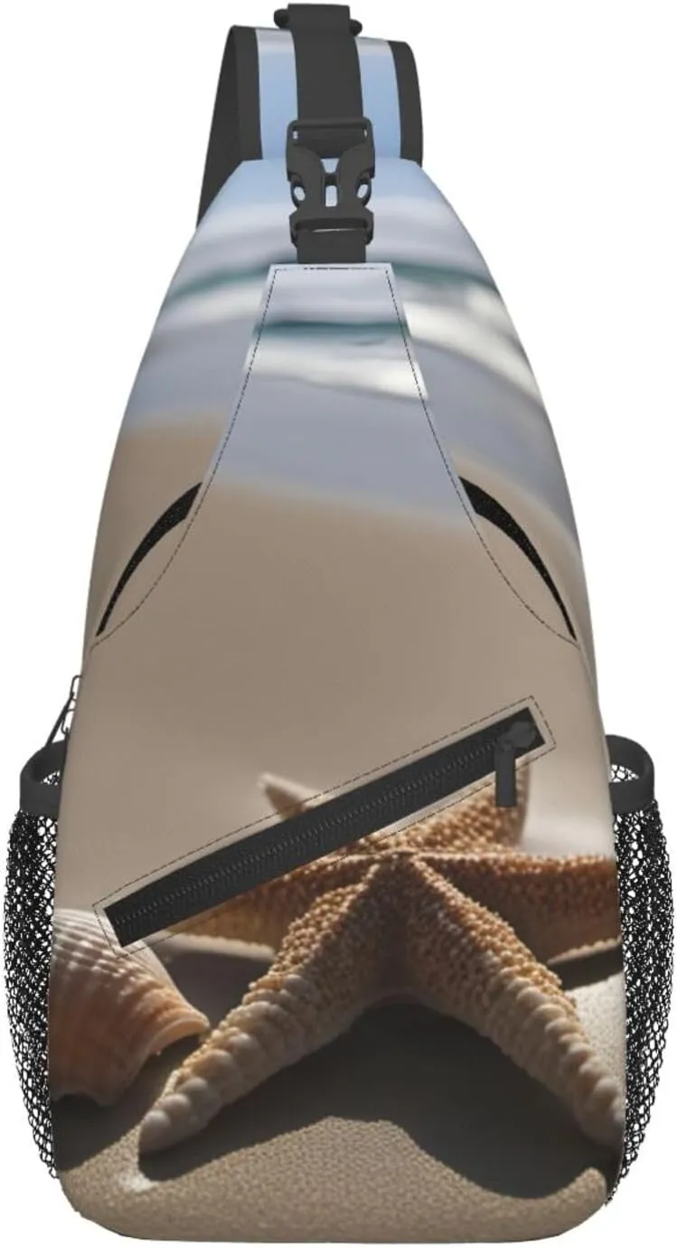 Starfish Seashell Sandy Beach print chest crossbody bag, fashion leisure travel bag, cross-body bag for men and women, Black, One Size, Black, One Size