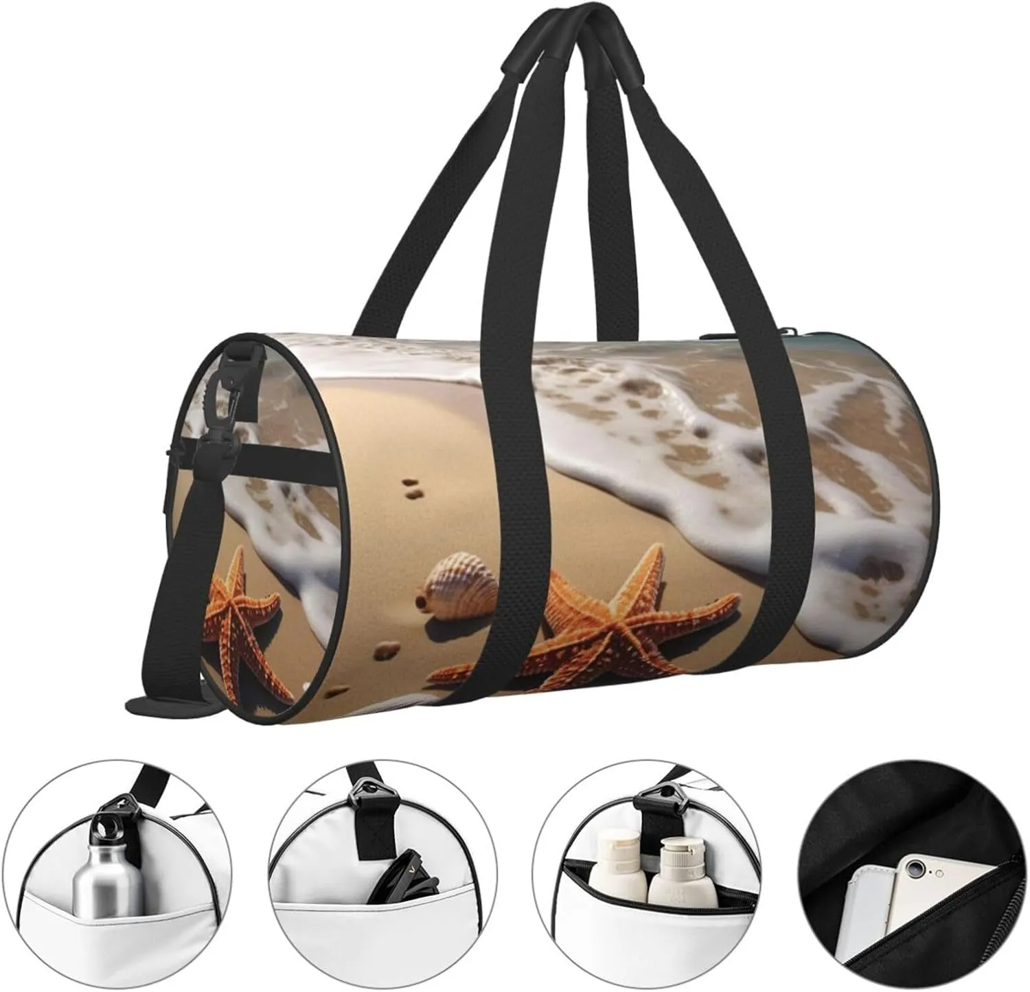 Starfish Seashell Sandy Beach Printed Travel Bag,Round Personal Item Storage bag,Foldie Duffel Bag for Traveling Vacation,Fitness,Sports