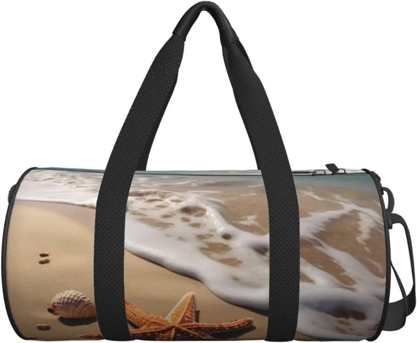 Starfish Seashell Sandy Beach Printed Travel Bag,Round Personal Item Storage bag,Foldie Duffel Bag for Traveling Vacation,Fitness,Sports