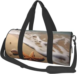 Starfish Seashell Sandy Beach Printed Travel Bag,Round Personal Item Storage bag,Foldie Duffel Bag for Traveling Vacation,Fitness,Sports